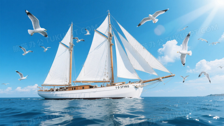 白色双桅帆船海面航行侧逆光图片