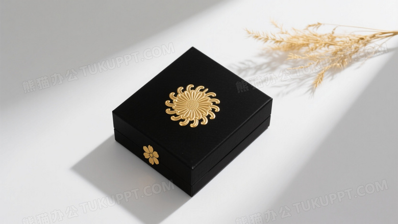 黑色礼盒俯拍金色菊花纹样图片