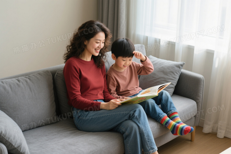 母子沙发共读绘本柔光图片