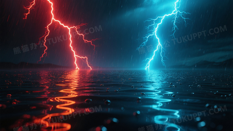 暴雨夜水面闪电对称构图图片