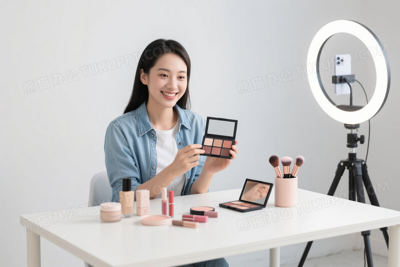 亚洲女性展示眼影盘化妆刷图片