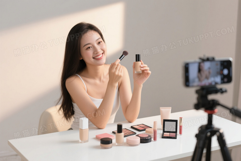 亚洲女性展示粉底液化妆刷图片