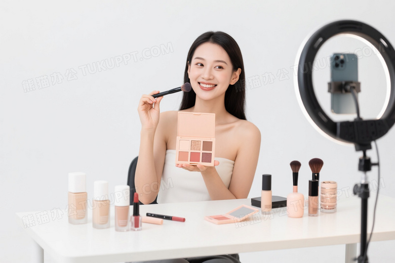 亚洲女性持化妆刷展示彩妆图片