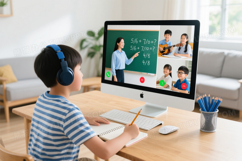 男孩书桌前在线学习数学图片