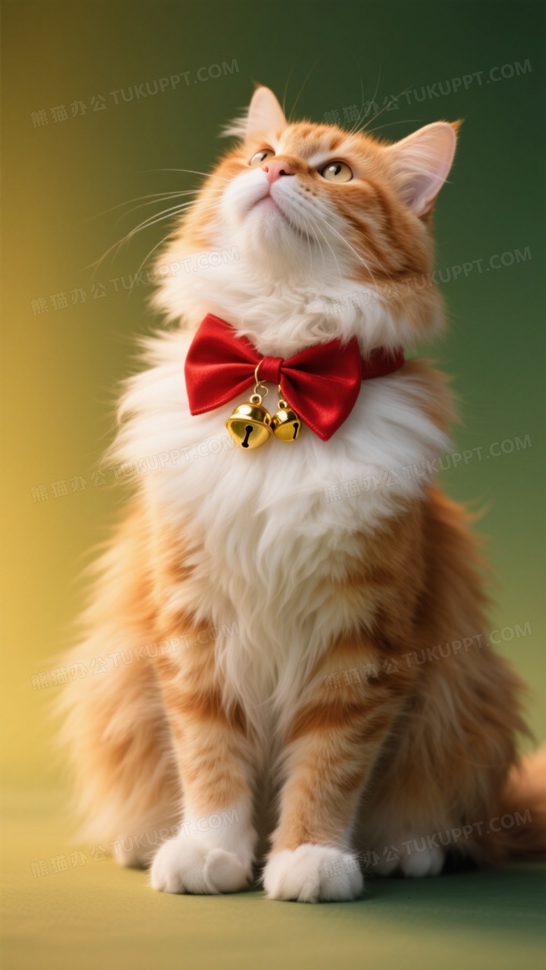 橘白长毛猫仰望戴铃铛项圈图片