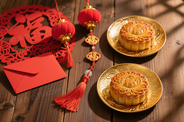 广式月饼金箔托盘俯拍图片