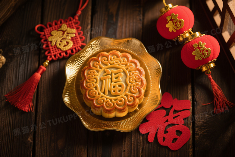 广式月饼金箔托盘俯拍图片