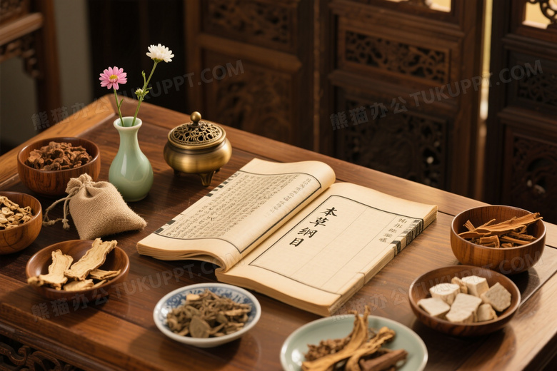 古朴药案本草纲目俯拍图片