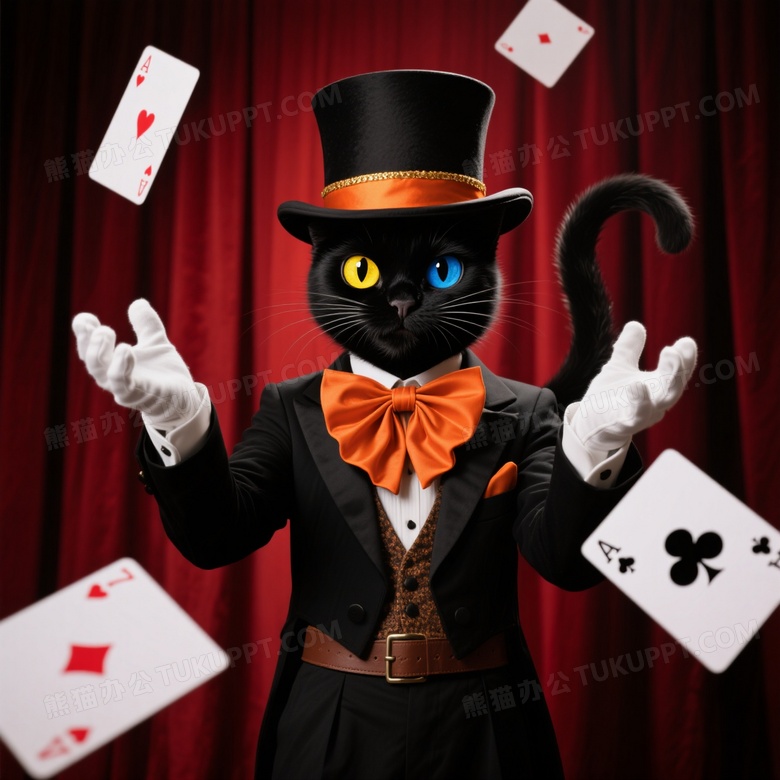 拟人黑猫魔术师抛牌聚光图片