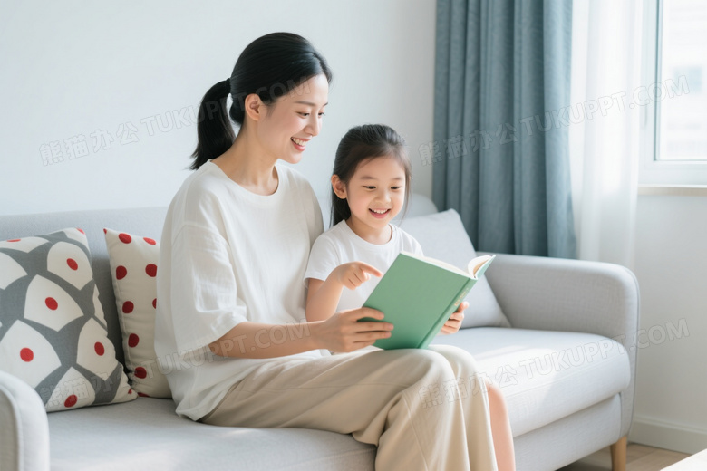 母女沙发共读绘本侧逆光图片
