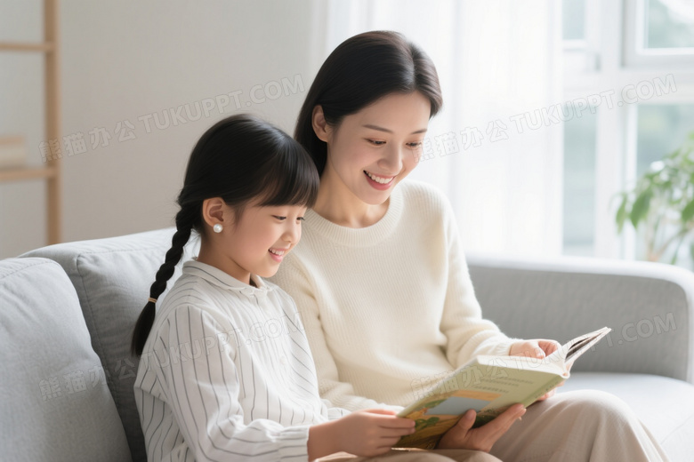 母女共读绘本侧逆光图片