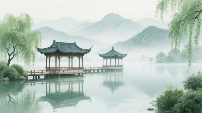 湖畔中式亭台水墨山水图片