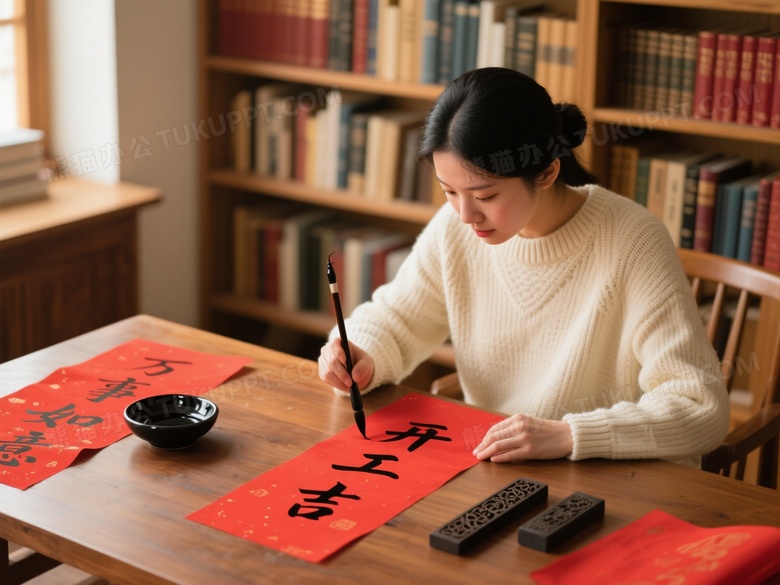亚洲女性书桌书写开工大吉图片