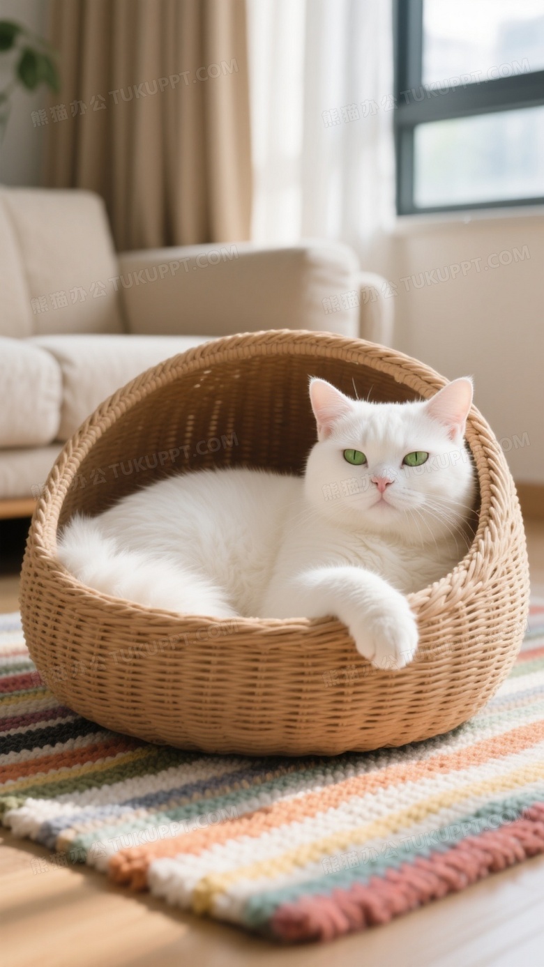 白猫卧藤编猫窝窗光侧逆图片