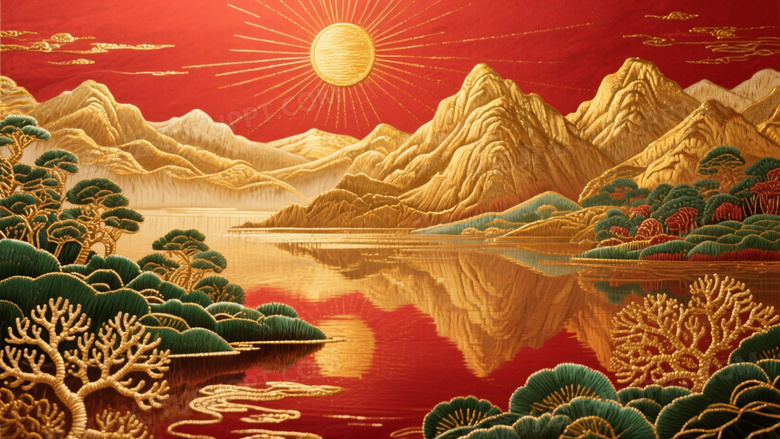 传统刺绣山水画高清图片