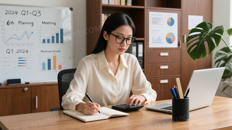 亚洲女性办公桌前记账图片