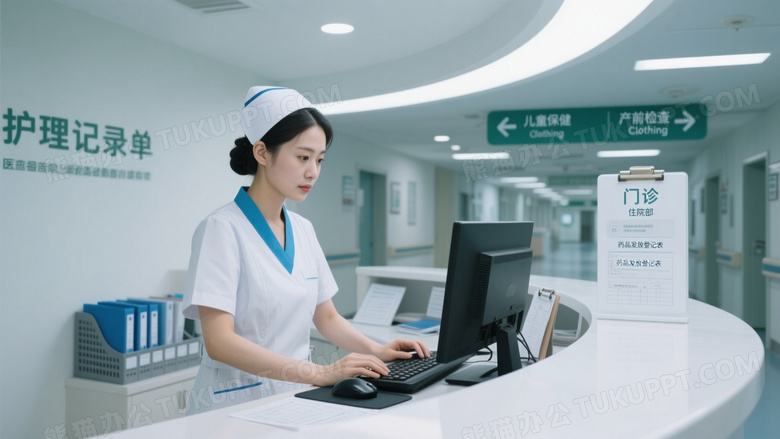 女护士操作电脑接待台图片