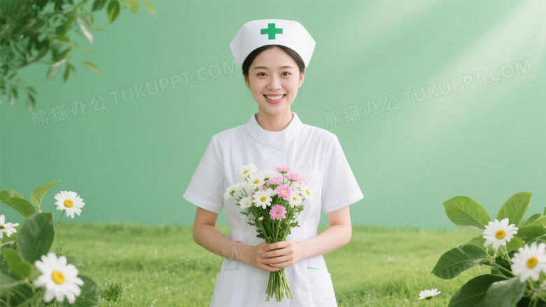 护士捧花微笑清新自然图片