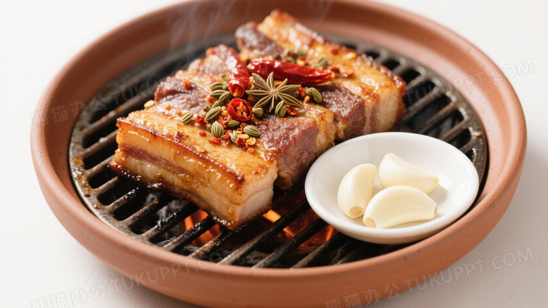 陶土烤盘五花肉俯拍图片
