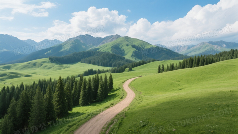 翠绿草原蜿蜒土路远山蓝天图片