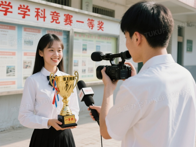 男学生采访获奖女学生校园图片