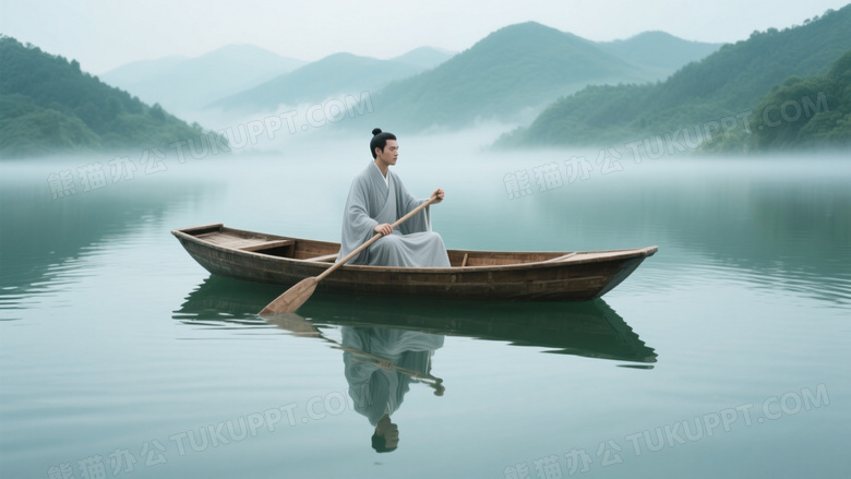 灰袍男子舟中划桨雾湖图片