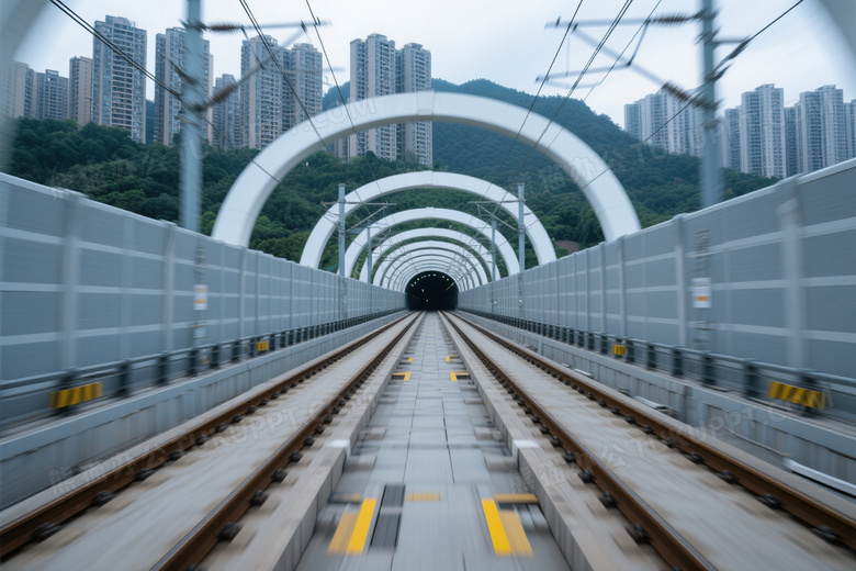 高速轨道列车穿行隧道图片