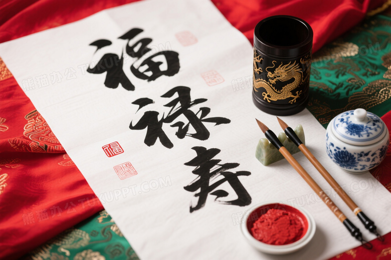 福禄寿书法与文房四宝俯拍图片