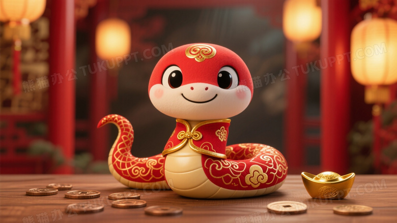 红金蛇吉祥物坐桌前节庆图片