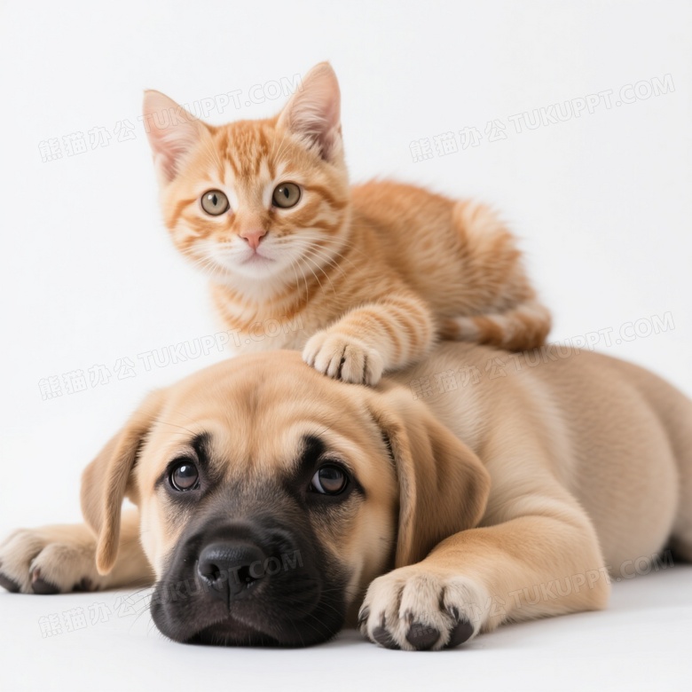 浅棕小狗与橘猫依偎特写图片