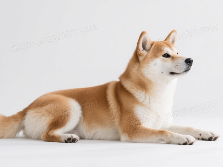 棕白柴犬侧卧凝望高清图片