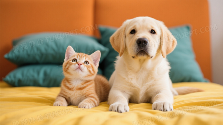 橘猫黄犬并排趴卧暖光图片