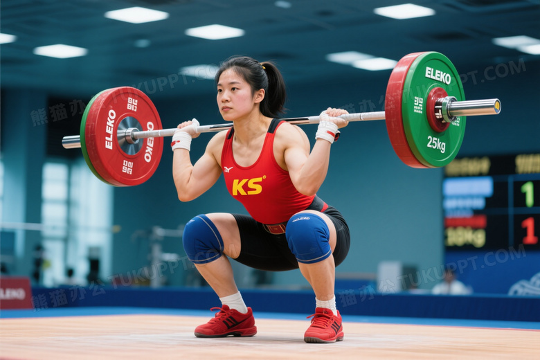 女举重运动员深蹲支撑杠铃图片