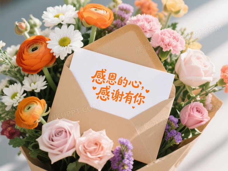 鲜花丛中信封卡片俯拍图片