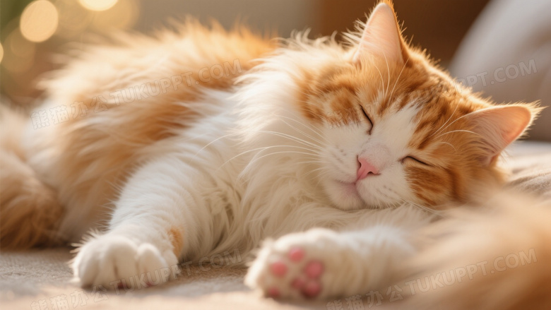 橘白长毛猫侧卧熟睡柔光图片