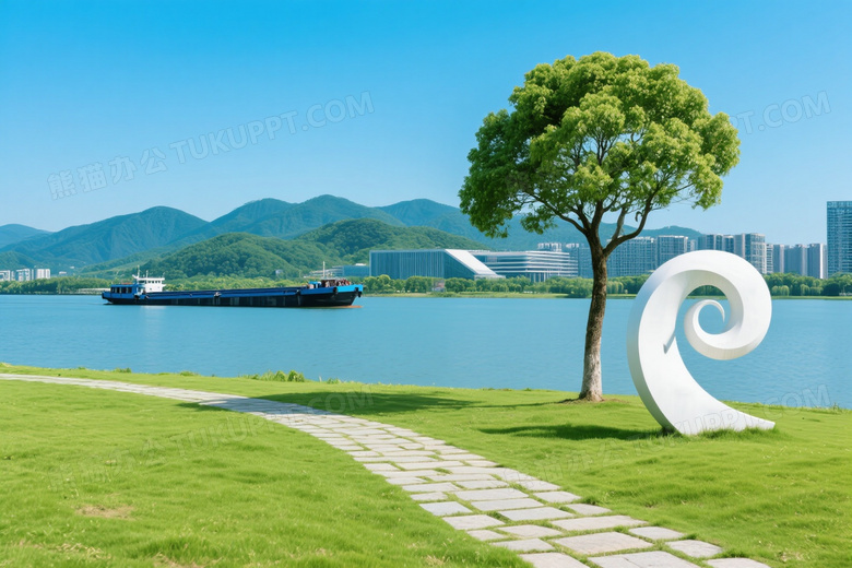 湖畔石径孤树雕塑与货船远景图片
