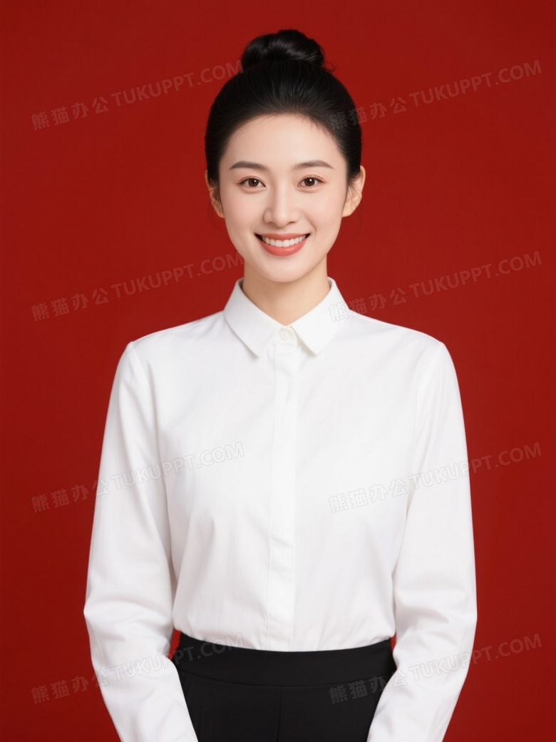 亚洲女性红背景证件照图片