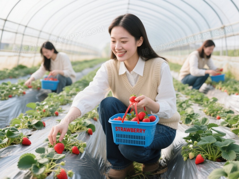 亚洲女性温室采摘草莓图片