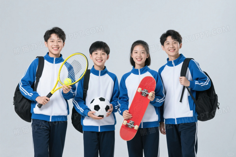 四位学生持运动器材微笑图片
