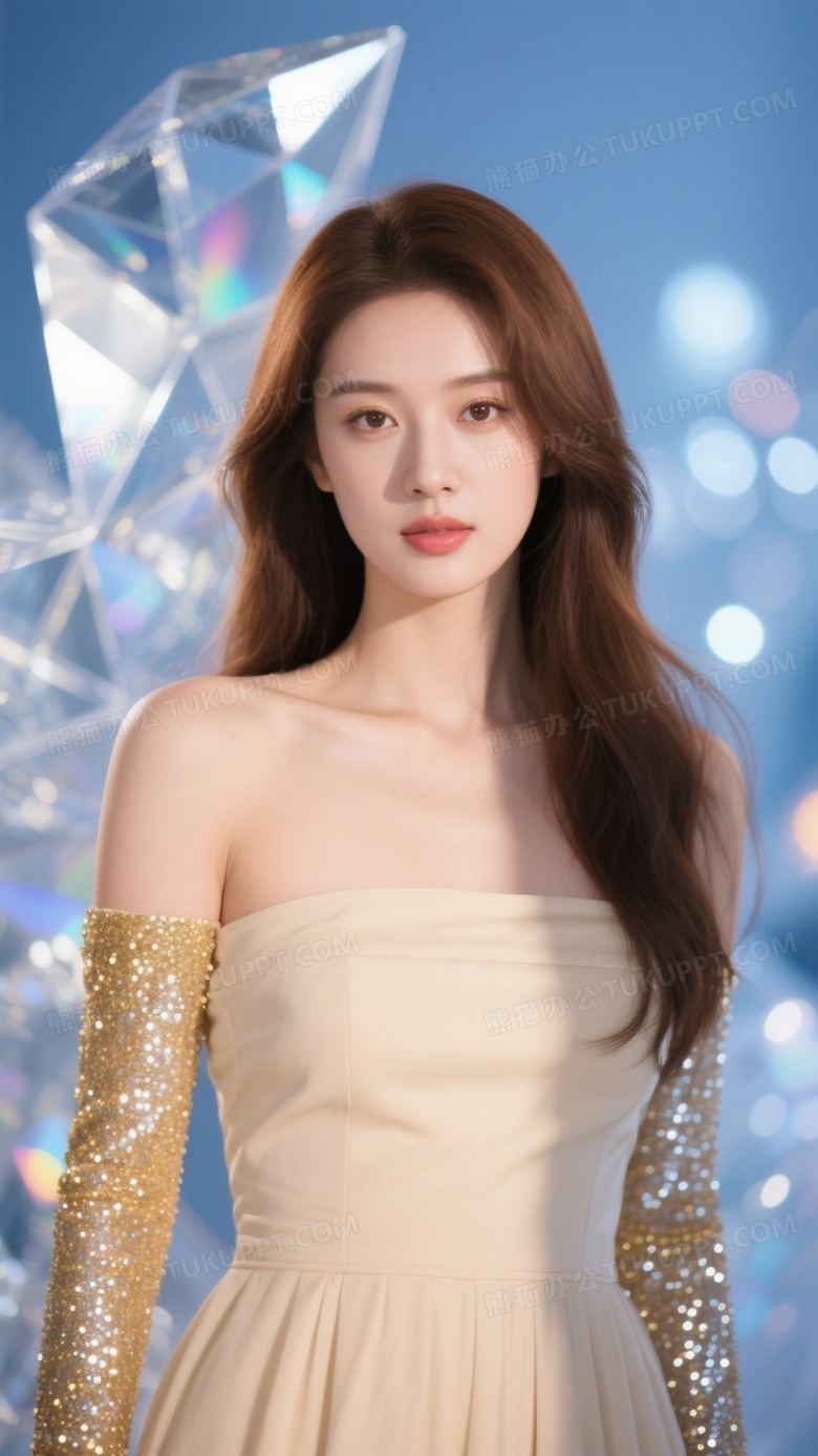 亚洲女性凝视镜头闪粉礼服图片
