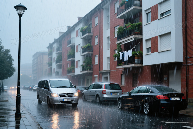 暴雨城市街道公寓与车流图片