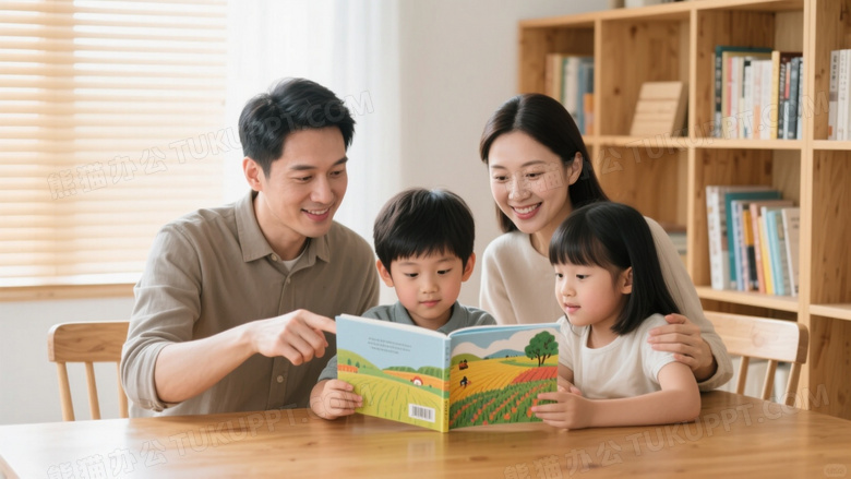 亚裔家庭围读绘本温馨场景图片