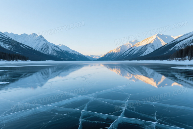 冰封湖面倒映雪山晨光图片