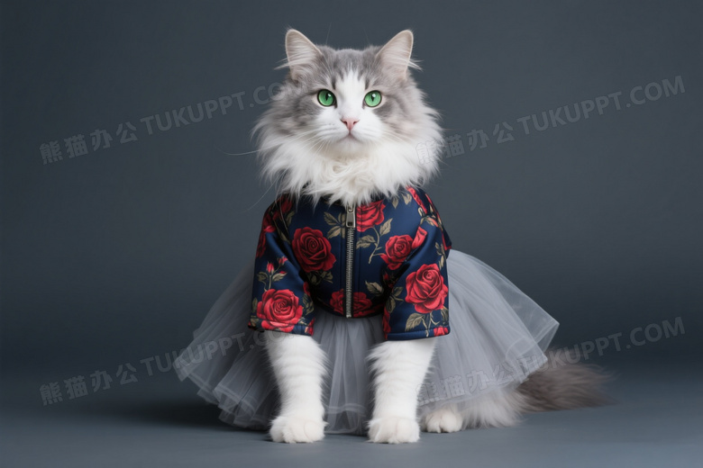 灰白长毛猫穿花外套坐姿图片