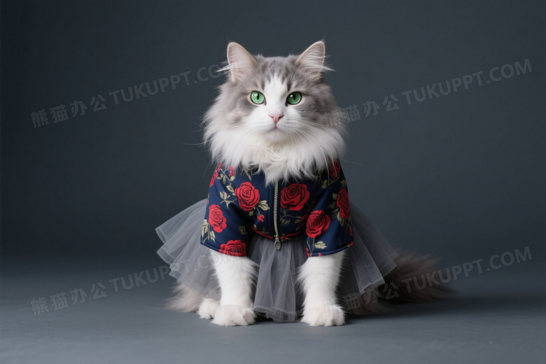 灰白长毛猫穿花外套坐姿图片