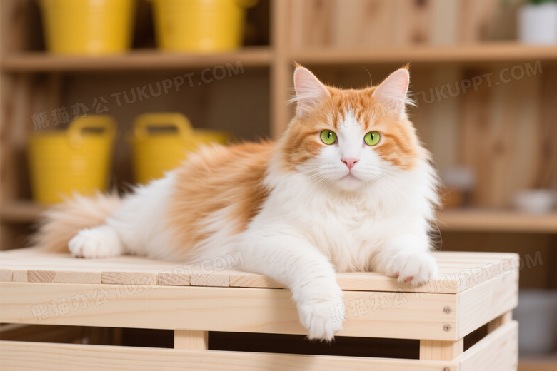 橘白长毛猫趴卧木箱特写图片