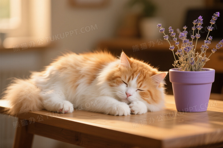 橘白波斯猫桌畔安睡侧逆光图片