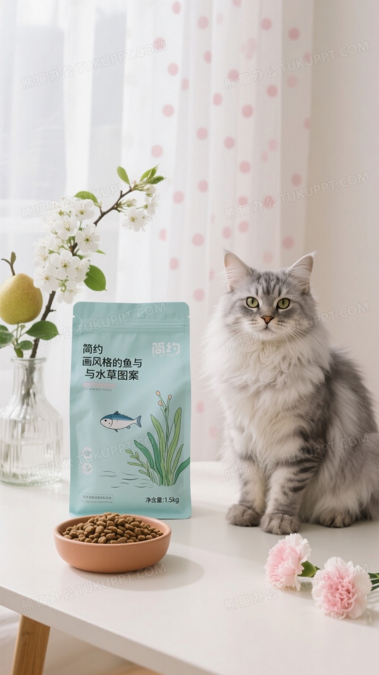银灰长毛猫端坐桌面柔光图片