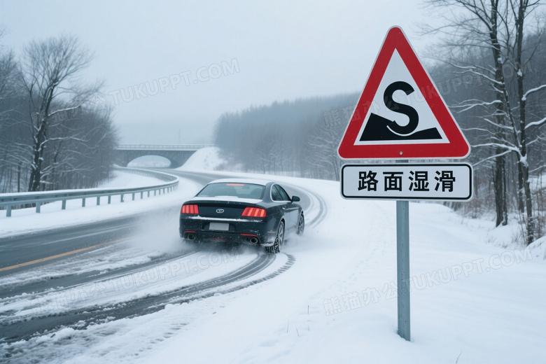 雪中公路湿滑警示牌特写图片