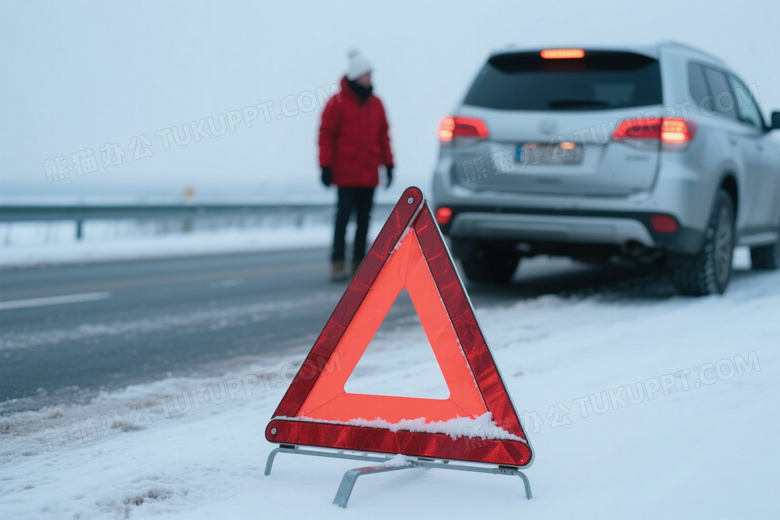 雪地公路红色警示牌特写图片